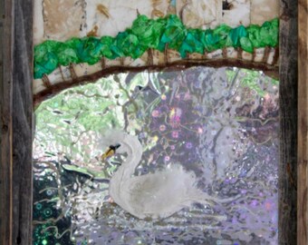 Swan on Lake Mirror Lakeland Florida BoiLeD BooKs Mixed Media Framed 3D Wall Art - Paper, Paint, Feathers