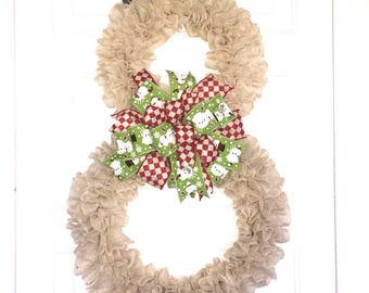 Ivory Burlap Snowman, Snowman Wreath, Burlap Snowman, Primitive Snowman Wreath, Rustic Snowman Wteath