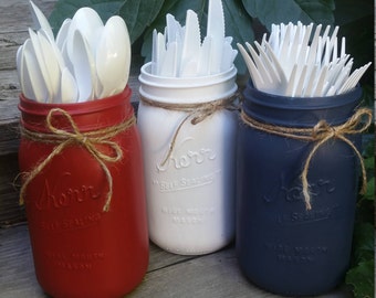 Jars - Holidays, July 4th, RED, WHITE, BLUE, Patriotic, American Flag, vase, floral, flowers, silverware holder