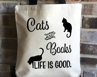 Cat Lover Gift - Book Lover Gift - Cats and Books Large Tote Bag - Animal Lover Gift - Pet Lover Gift - Large Canvas Tote - Librarian Gift