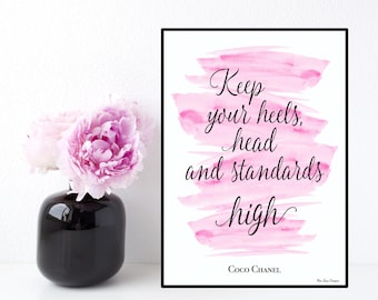 Coco Chanel quote, Coco Chanel poster, Keep your heels head standards high, Chanel quote, Inspirational quote, Wall art decor, Design poster