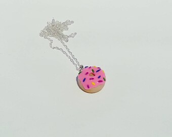 Strawberry Frosted Donut with Sprinkles Necklace/Charm- Polymer Clay Jewelry