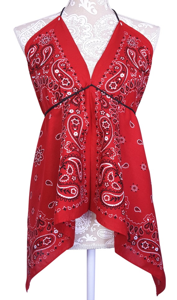 Bandana Halter Top Shirt Red Boho Style Womens Clothing 1363