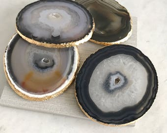 Agate coasters black brown white natural colours. agate slice with gold leaf edging. Bohemian home decoration. Price per coaster