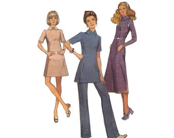 Style 2899, 70s sewing pattern, size 12 bust 34 women's dress, tunic pattern, trousers pattern, short sleeve tunic, flared pants