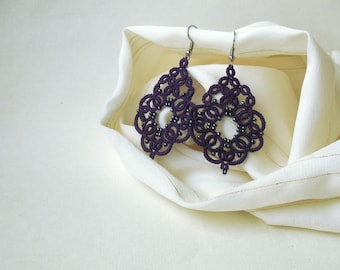 Purple jewelry Anniversary gift for girlfriend Bohemian jewelry Tatted lace jewelry Art deco earrings Beautiful victorian violet earrings