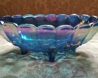 Vintage Indiana Glass Co. Blue Amethyst Carnival Glass Footed Fruit Bowl
