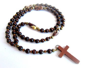 Mens wooden rosary, brown wood necklace, mens cross necklace, mens wooden necklace, brown wood rosary, men wood beaded necklace