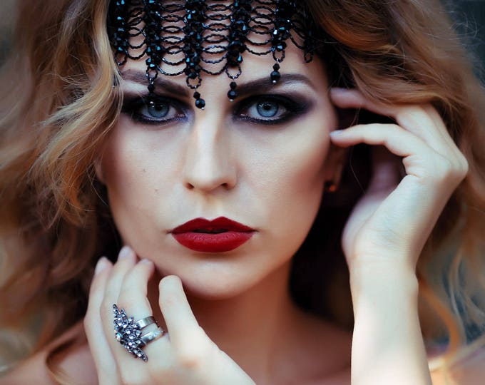 Black Head jewelry, Beaded Lace Headband, Burlesque headpiece Halloween Forehead Headband Evil Queen Crown, dark queen Headpiece