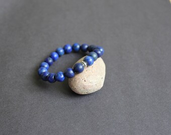 Yoga blue bracelet Stretch blue bracelet Lapis lazuli stone bracelet 925 silver bead bracelet Dark blue jewelry Blue chakra gift bracelet