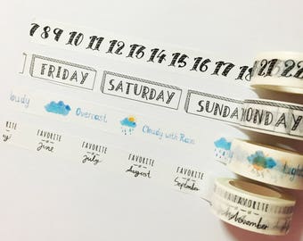 Days of the Week Washi Tape, Months of the Year Washi Tape, Japanese Washi Masking Tape, Calendar Tape, Number Washi, Weather Tape, Weekday