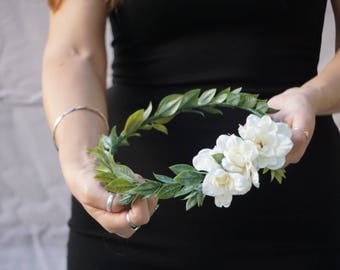 Flower crown, greenery crown, bridal flower crown, white flower crown, floral headband, olive leaves headband