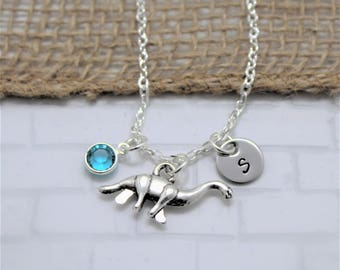 Dinosaur Initial Necklace - Dinosaur Necklace for Women - Silver Dinosaur Pendant Jewelry - Dinosaur Lover Gift - Personalized