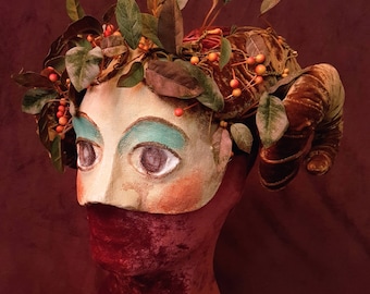 Ram-Horned Mask, pagan half mask, FREE SHIPPING, Greko-Roman styled stage mask