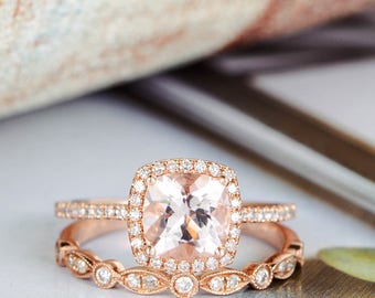 Rose Gold Engagement Ring Morganite Cushion Cut Antique Diamond Wedding Band Women Halo Half Eternity Bridal Set Anniversary Unique