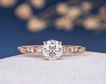 6.5mm Art Deco Moissanite Engagement Ring Rose Gold Diamond Half Eternity Antique Solitaire Unique Retro Anniversary Promise Women Engraving