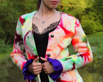 Upcycling neon Farbsplash felt jacket with silk ruffle
