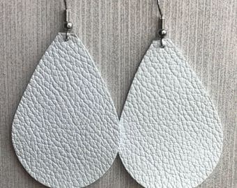 White - Leather Teardrop Earrings