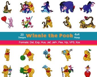 20 Disney Winnie the Pooh Machine Embroidery Designs, 4 Inch Hoop, Disney Embroidery, Eeyore, Tigger, Piglet, Pooh Bear, Instant Download