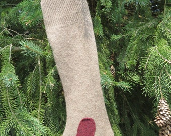 100% Felted wool Christmas stocking upcycled sweater taupe/burgundy bell