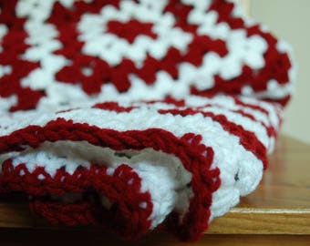 Peppermint crochet blanket, granny square, dark red and white crochet throw, candy cane afghan, christmas throw