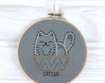 Modern Embroidery Cat Wall Art Cat Gift Under 30 Embroidery Hoop Hand Embroidered Cat Cactus