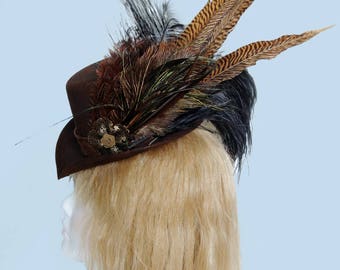 Dramatic Brown and Black feathered Victorian Steampunk Hat #2/ Goth Mini Riding Hat OOAK