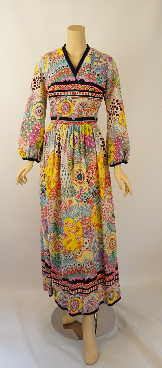 Vintage 1970s BoHo Maxi Dress Multi-Colored Paisley by Jan