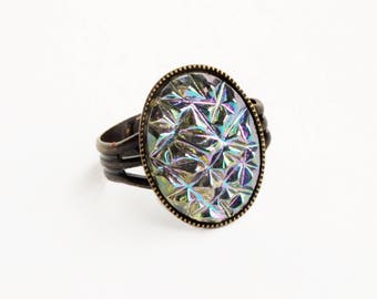 Iridescent Crystal Ring Vintage Glass Drusy Druzy Ring Vintage Iridescent Grey Gray Glass Ring AB Sugar Stone Jewelry