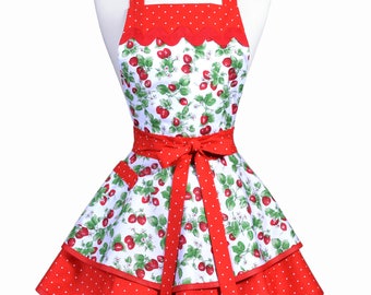 Womens Ruffled Retro Apron - Red White Strawberry Fields Womans Vintage Style Pinup Kitchen Apron to Personalize or Monogram (DP)