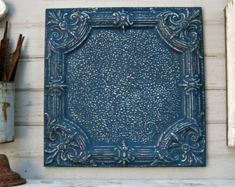 Antique Tin Ceiling Tile. FRAMED 2x2 antique metal tile. Vintage architectural salvage. Indigo blue wall decor. Old pressed tin.
