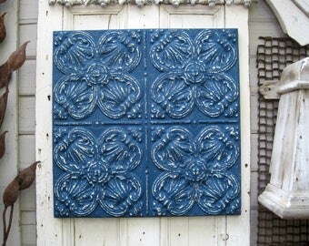 Antique Tin Ceiling Tile. FRAMED 2x2 antique metal tile. Vintage architectural salvage. Indigo blue wall decor. Old pressed tin.