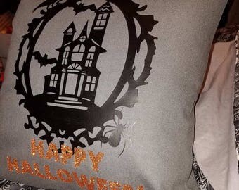 Happy Halloween Haunted House Pillow