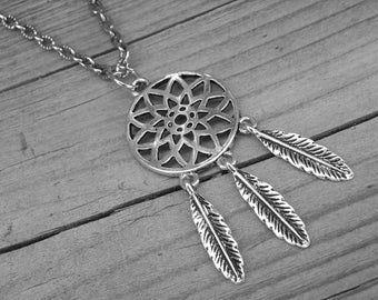 Silver Feather Dream Catcher Necklace Native American Indian Southwestern Tribal Bohemian Boho Feather Dreamcatcher Jewelry Western Cowgirl
