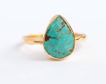 Turquoise Ring Gold, December Birthstone Ring, Gem Ring, Solitaire Ring, Gold Ring, Stackable Ring, Tear Drop Ring, Raw Stone Ring