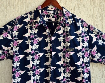 Mens Vintage SURF Hawaii Shirt Size M L 42 44 Summer Print Thaiti Style Black Floral Dress Shirt
