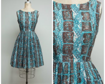Vintage 1950s Dress • Central Park • Turquoise Brown Printed Cotton 50s Day Dress with Full Skirt Size Medium
