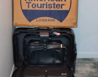 Vintage 1970s 4 Four Piece Blue American Tourister Luggage Set Suitcase Carry On