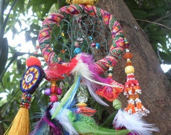 Tribal Dreamcatcher With Vintage Textiles, Beads, Shells, Feathers, Tassels and Magic