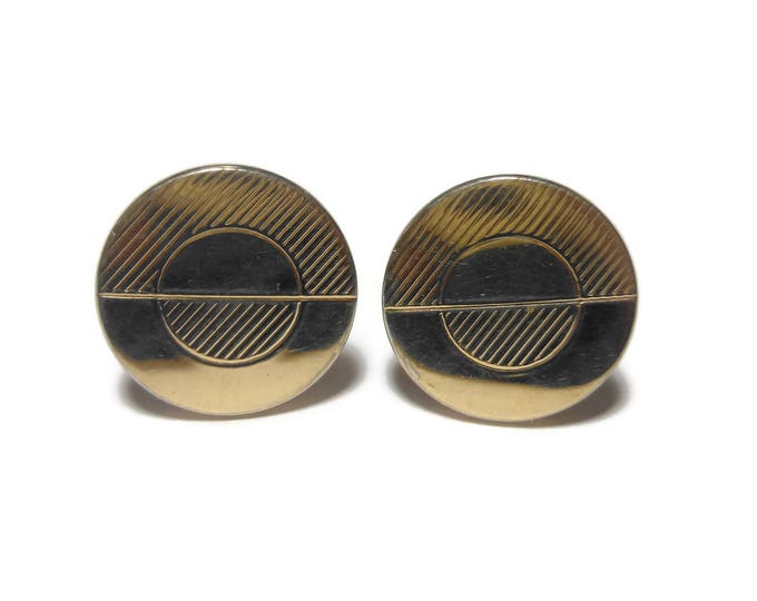 Swank Art Deco cuff links, gold round Art Deco cuffs with stripes and solid pattern, wedding groom groomsman, circle in circle