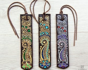 Leather bookmark with indian mehendi, unique gift idea for book lovers, beautiful accessories