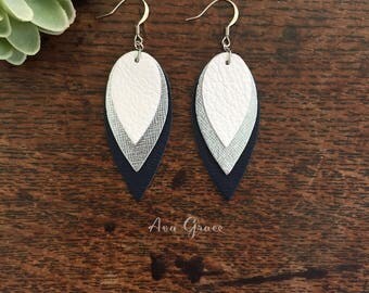 SALE**Dallas Cowboys leather earrings // navy white silver earrings // cowboy leather earrings // football earrings