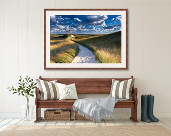 Large Beach Photography, Coastal Wall Print, Cape Cod Beach Artwork, Marthas Vineyard Dunes Path Photo, Nautical Wall Decor Blue Green Beige