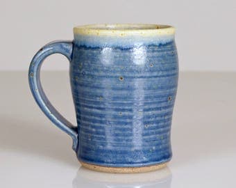 Extra-Large Handmade Ceramic Mug in Rustic Cobalt Blue, Celadon Green, & Cream with Tiny White Crystals. Unique Pottery Coffee Mug, Tea Mug