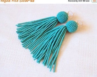 15% SALE Turquoise beaded tassel earrings - Dangle earrings - Statement Earrings - Long tassel earrings - Fringe earrings - beadwork earring