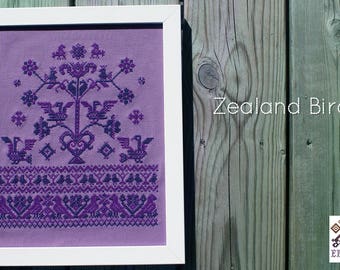 Zealand Birds - Traditional folk embroidery sampler in crosstitch