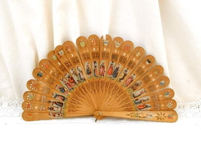 Rare Antique Swiss Wooden Sycamore Fretwork Fan with Switzerland's Town / Regions Coats of Arm / Crest / Blazon and Women in Regional Dress