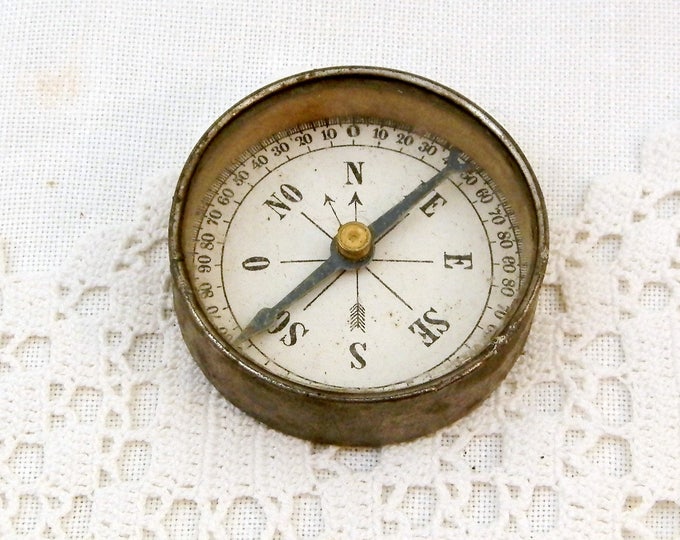 Small Antique Glass and Metal Framed French Compass and Mirror, Round Compass from France, Map Reading, Vintage Hiking Camping, Curios