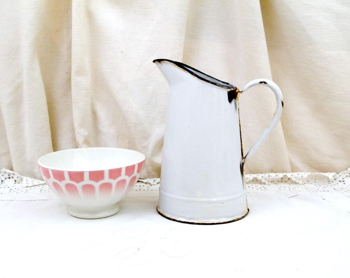 Small Antique French White Enamelware Pitcher, Chippy Enamel Jug / Vase, Cottage Farmhouse Kitchen, French Country Rustic Chic Retro Decor