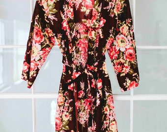 Kimono Robe, Burgundy Bridesmaid Robe, Floral Kimono, Cotton Robe, Long Dress, Flower Girl Robe, Floral Dress, Summer Gown, Set Of Dresses